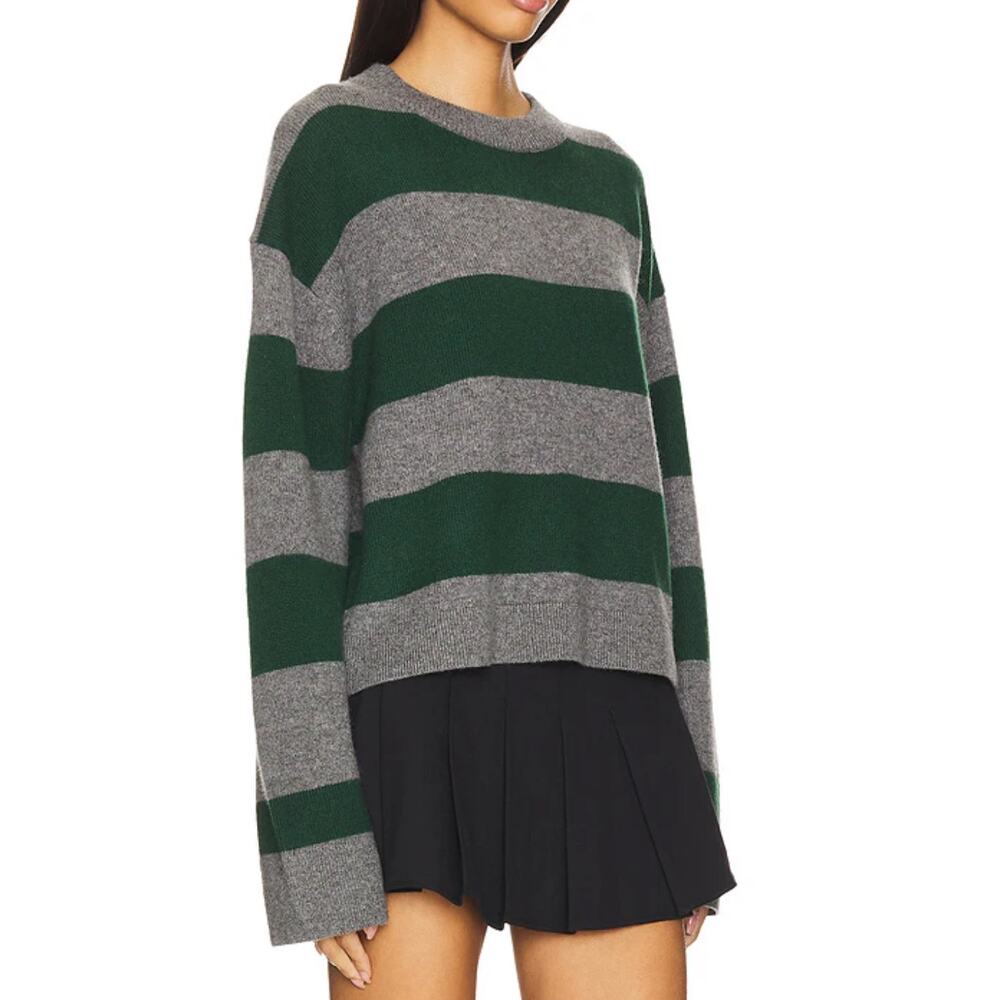 White + Warren Cashmere Stripped Crewneck Graphite/Emerald Medium NWT - Picture 3 of 10